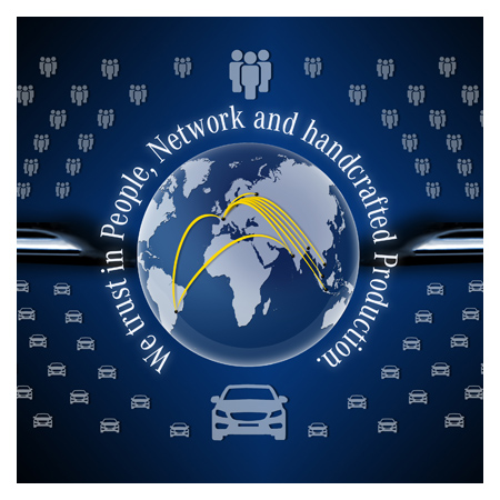 Daimler Network Composition mit kleinen Icons in Form von Mercedes Autos und Menschen